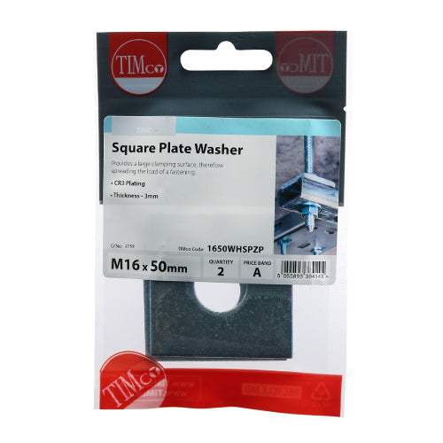 TIMCO Square Plate Washers Silver - M16 x 50 x 50 x 3 - Image
