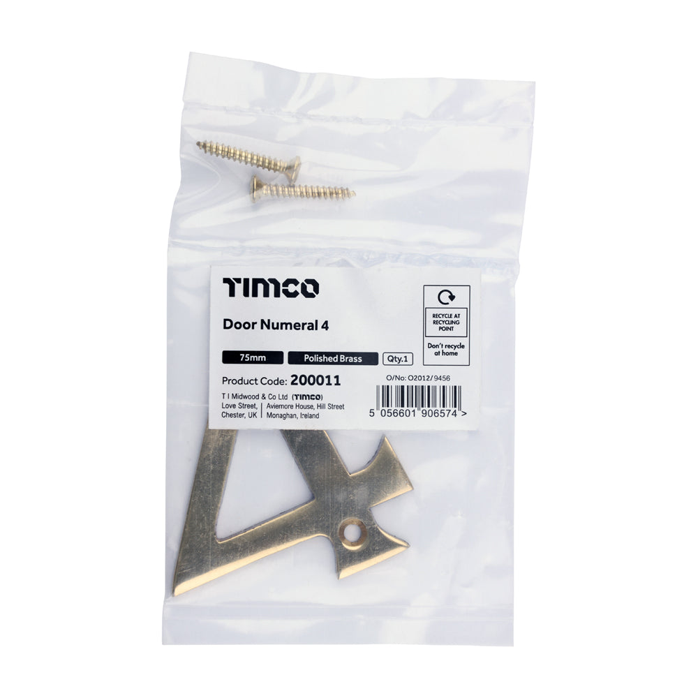 TIMCO Door Numeral 4 - Polished Brass - 75mm - Image