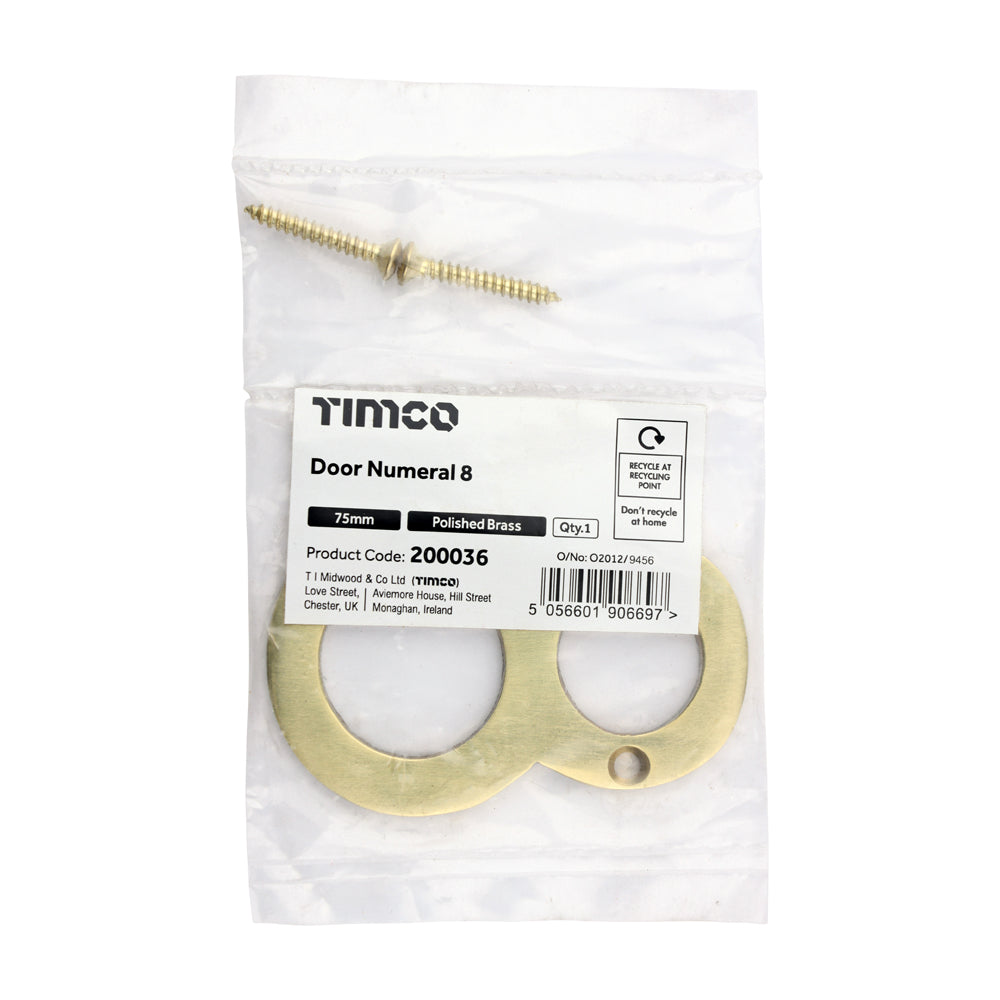 TIMCO Door Numeral 8 - Polished Brass - 75mm - Image