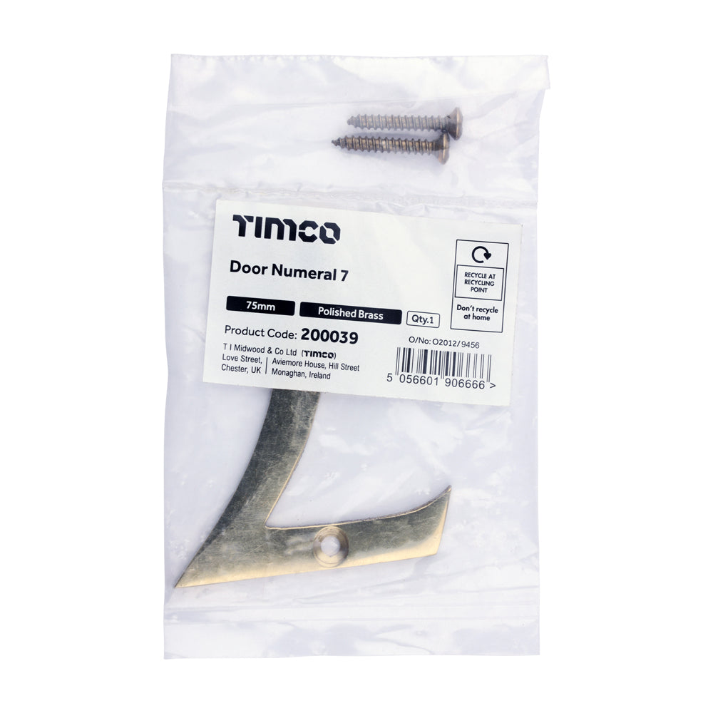 TIMCO Door Numeral 7 - Polished Brass - 75mm - Image
