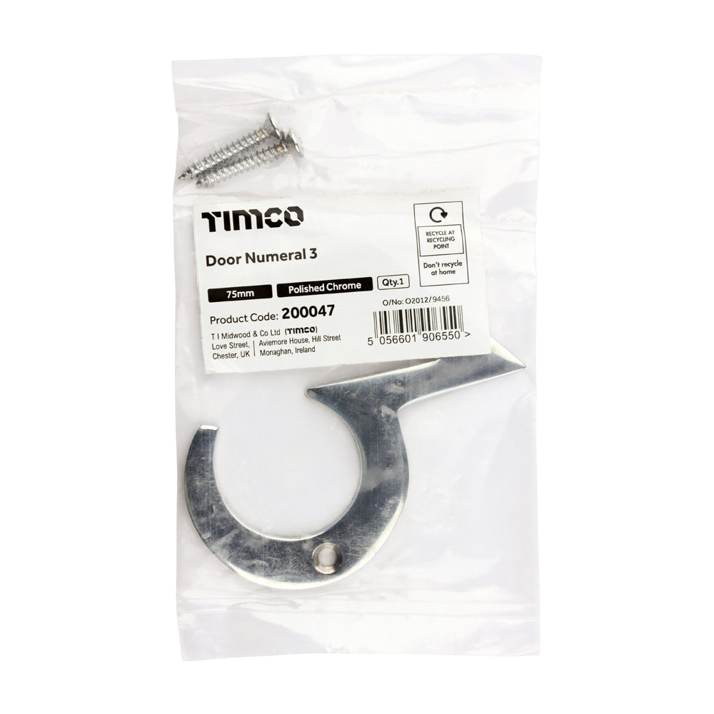 TIMCO Door Numeral 3 - Polished Chrome - 75mm - Image