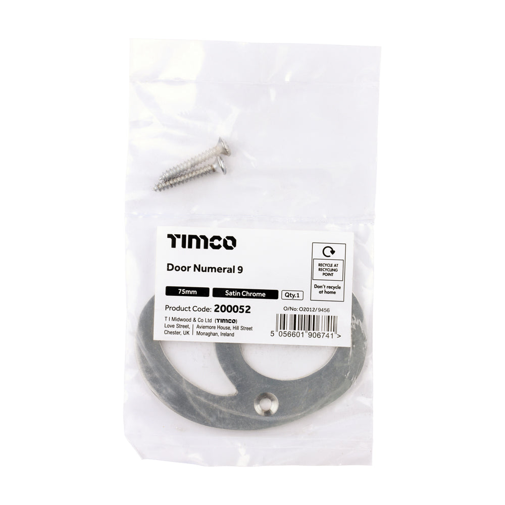 TIMCO Door Numeral 9 - Satin Chrome - 75mm - Image