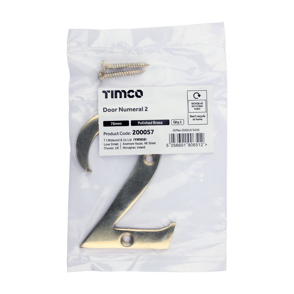 TIMCO Door Numeral 2 - Polished Brass - 76mm - Image