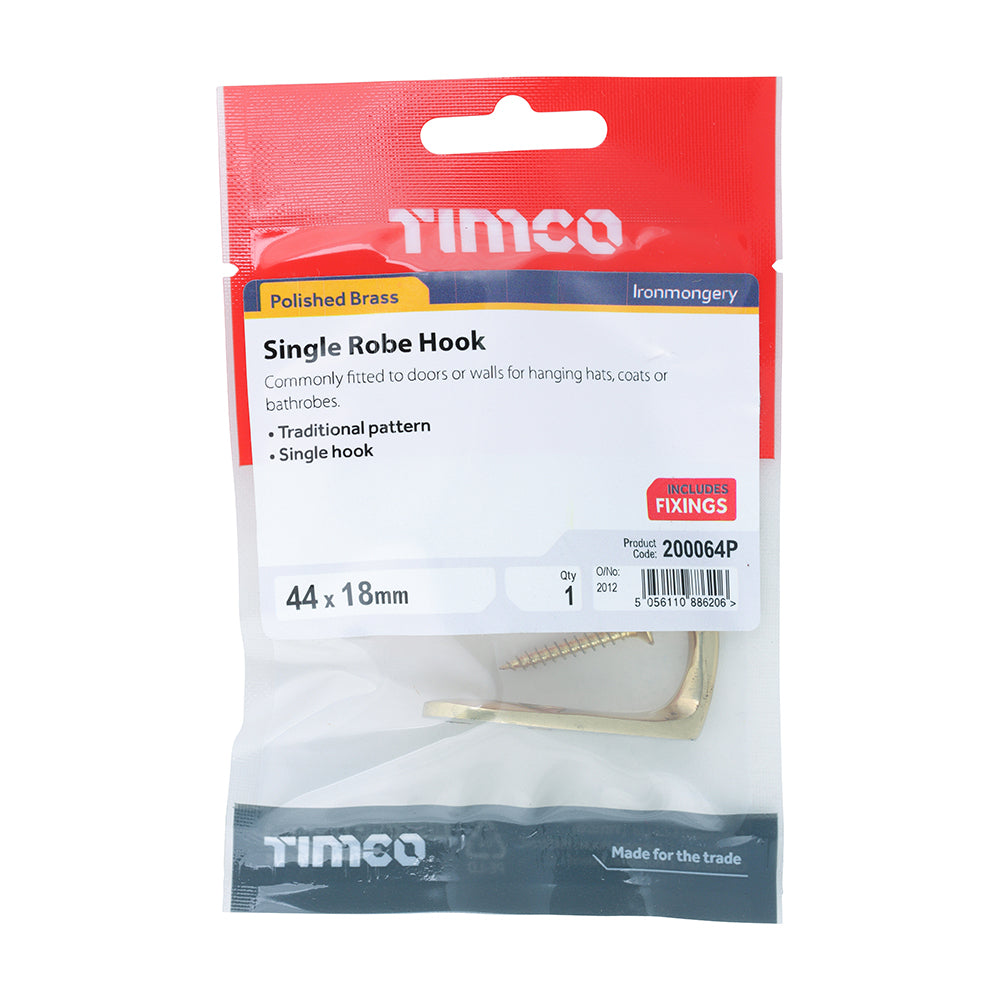 TIMCO Single Robe Hook Polished Brass - 44 x 18mm - Image