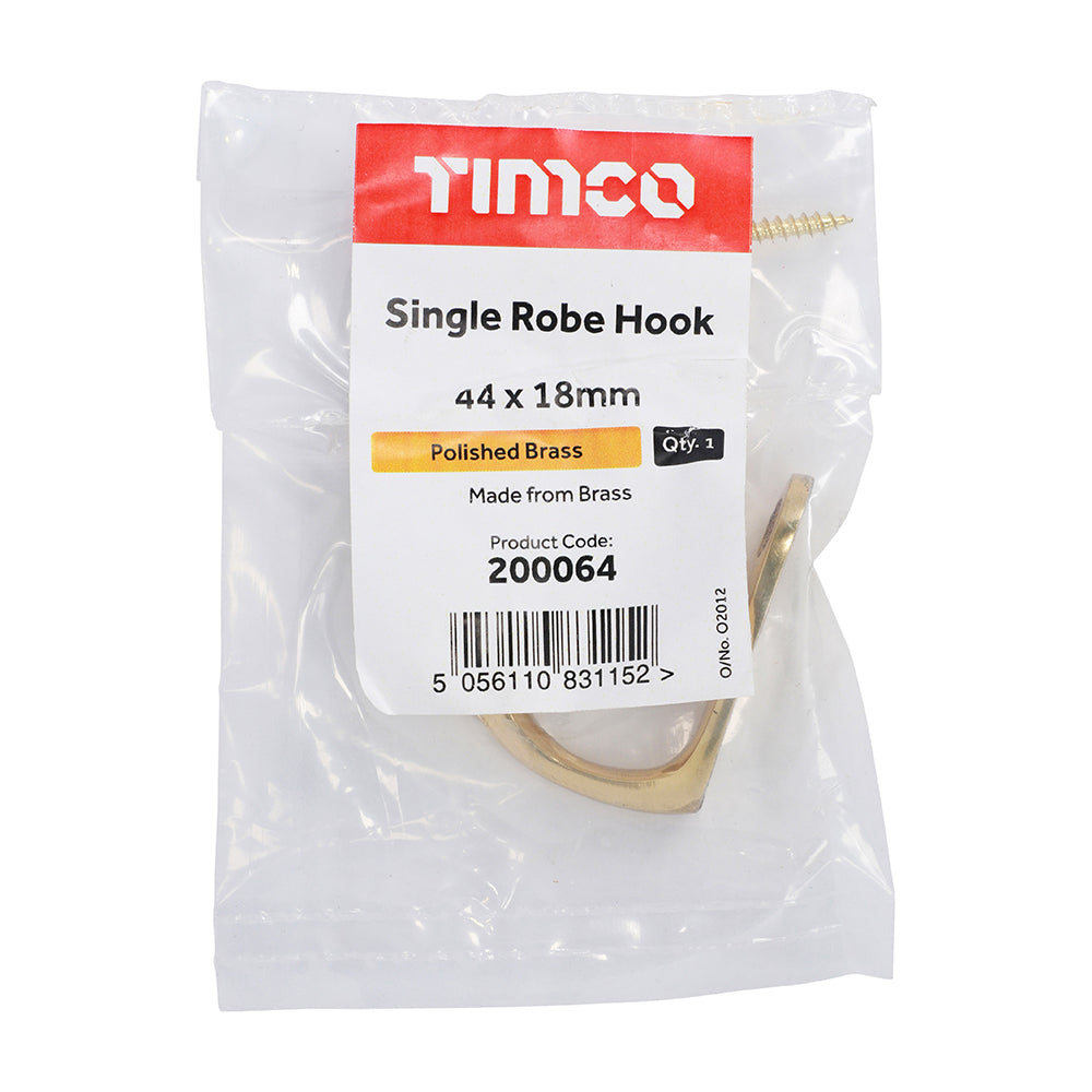 TIMCO Single Robe Hook Polished Brass - 44 x 18mm - Image