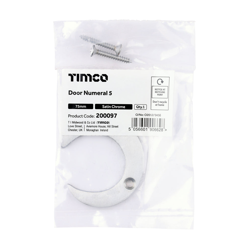 TIMCO Door Numeral 5 - Satin Chrome - 75mm - Image