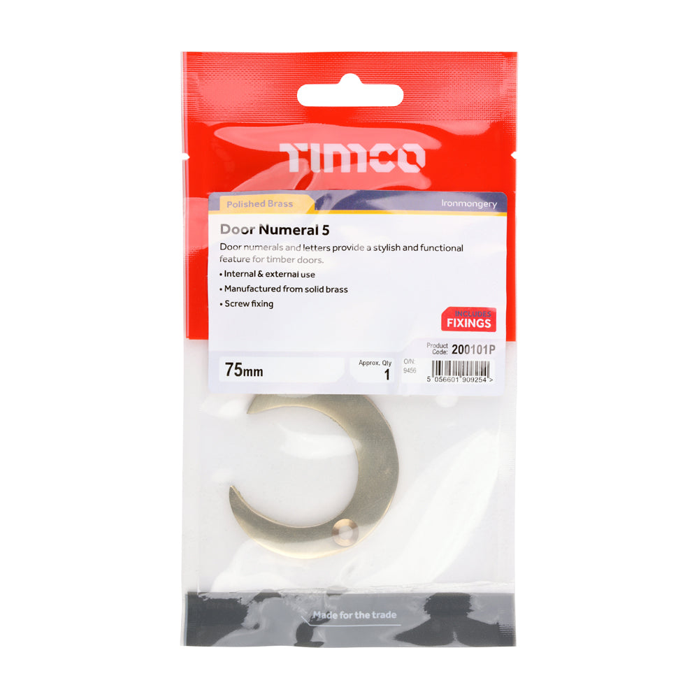 TIMCO Door Numeral 5 - Polished Brass - 75mm - Image