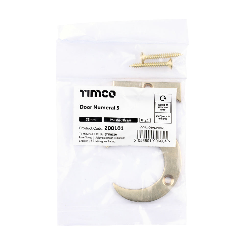 TIMCO Door Numeral 5 - Polished Brass - 75mm - Image