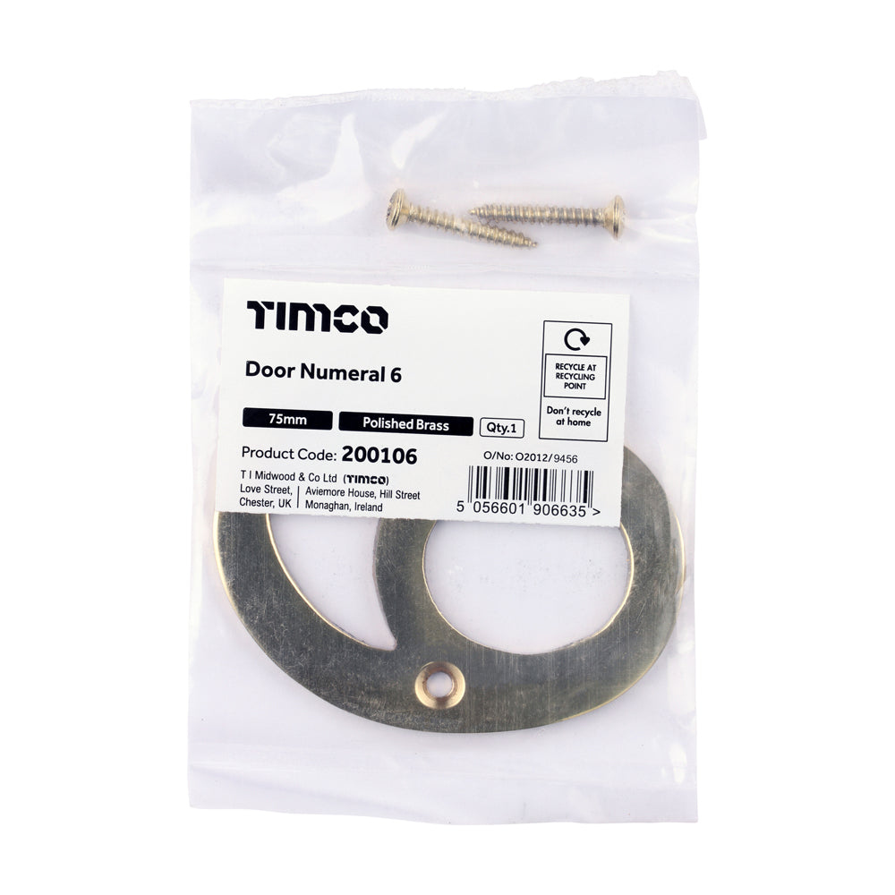 TIMCO Door Numeral 6 - Polished Brass - 75mm - Image