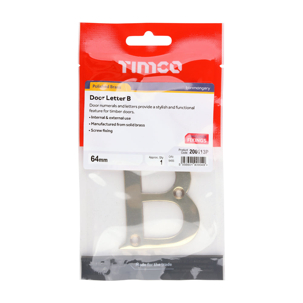 TIMCO Door Letter B - Polished Brass - 64mm - Image