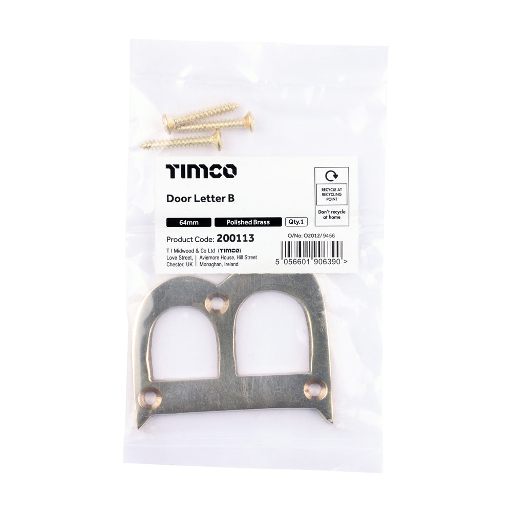 TIMCO Door Letter B - Polished Brass - 64mm - Image