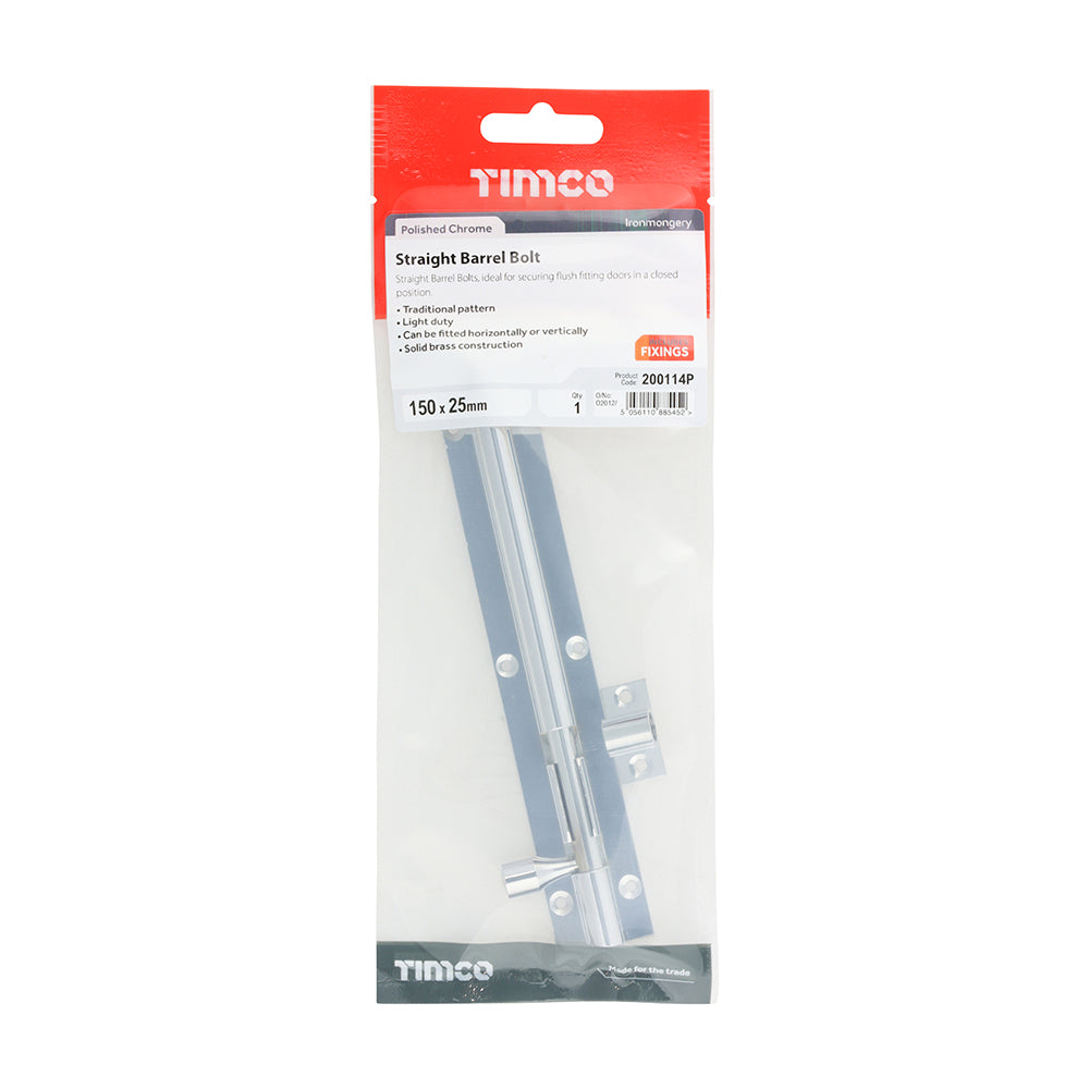 TIMCO Straight Barrel Bolt Polished Chrome - 150 x 25mm - Image