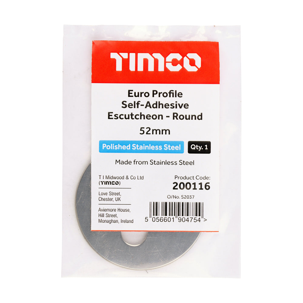 TIMCO Euro Profile Self-Adhesive Escutcheon - Round - Polished Stainless Steel - 52mmmm - Image