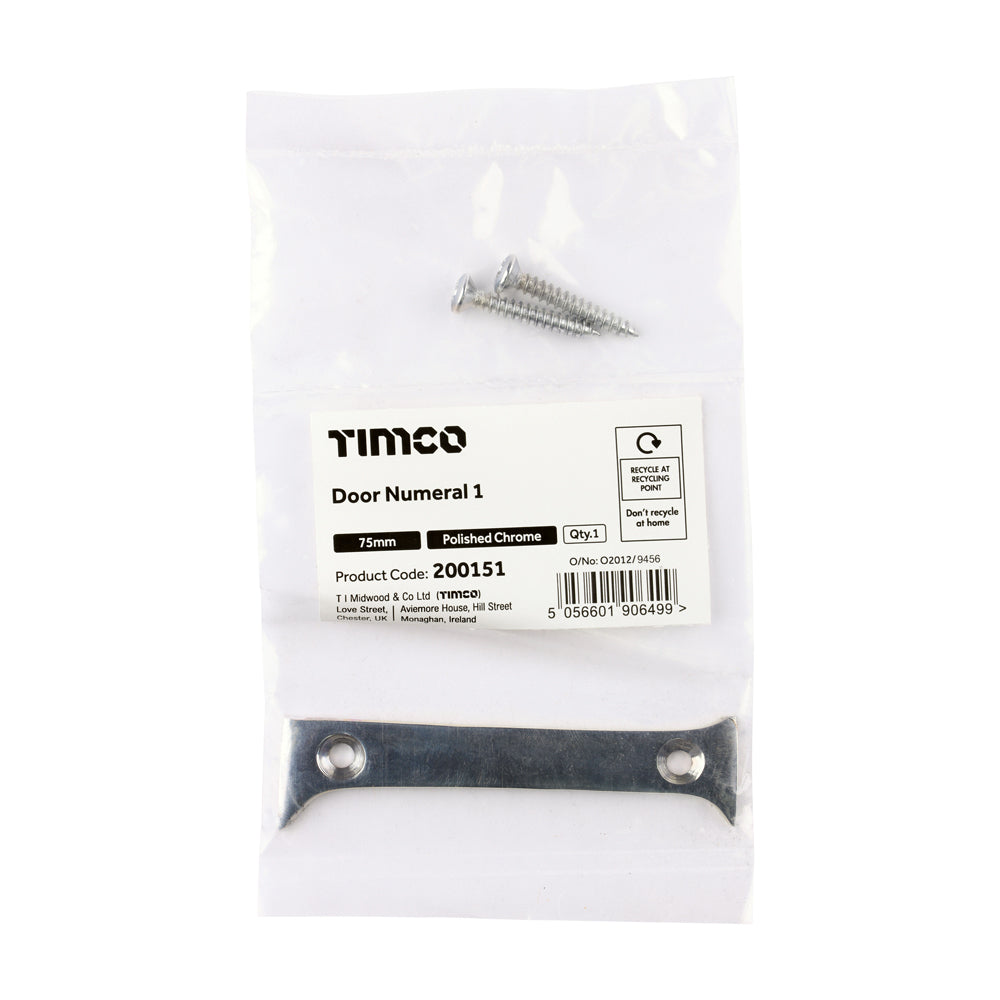 TIMCO Door Numeral 1 - Polished Chrome - 75mm - Image