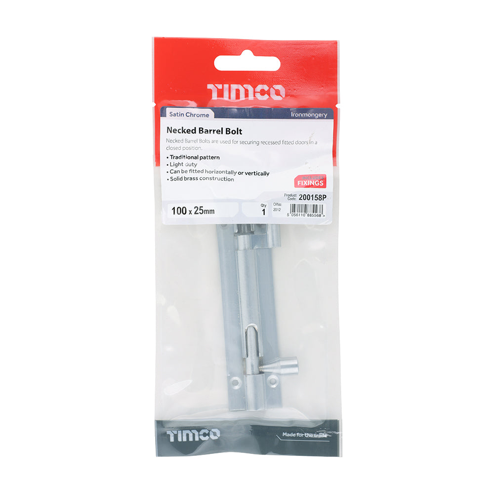 TIMCO Necked Barrel Bolt Satin Chrome - 100 x 25mm - Image