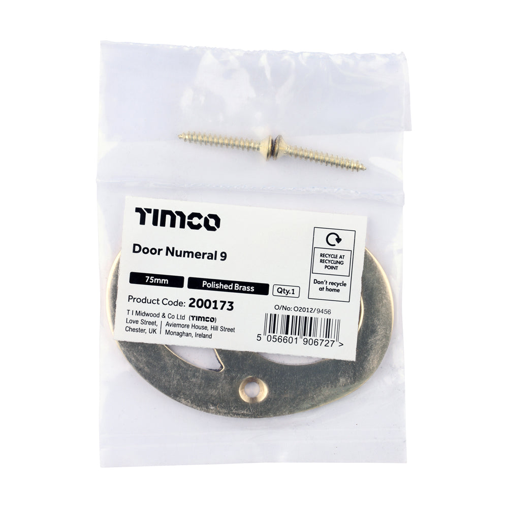 TIMCO Door Numeral 9 - Polished Brass - 75mm - Image