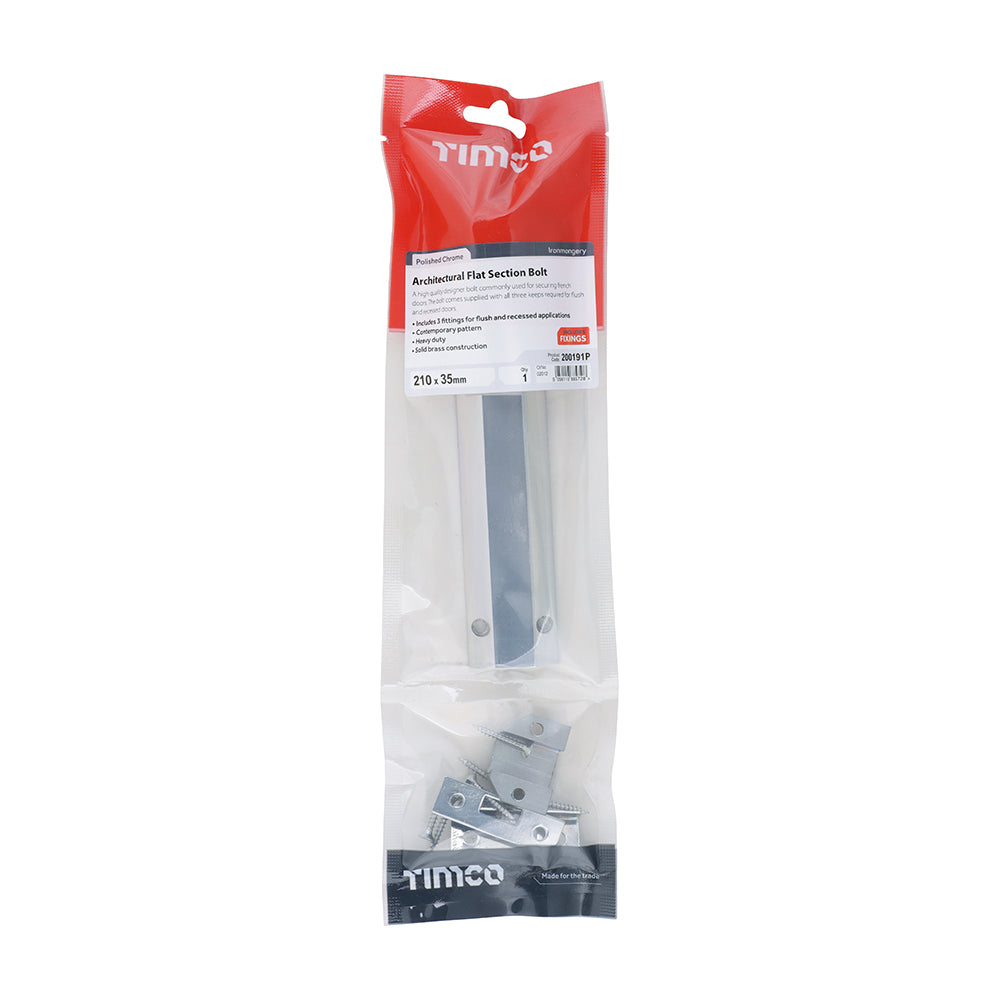 TIMCO Architectural Flat Section Bolt Polished Chrome - 210 x 35mm - Image