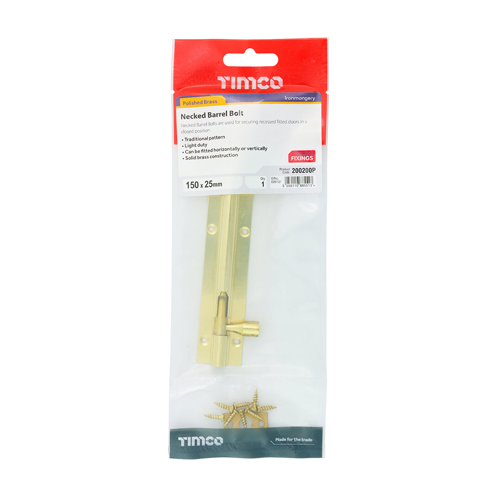 TIMCO Necked Barrel Bolt Polished Brass - 150 x 25mm - Image