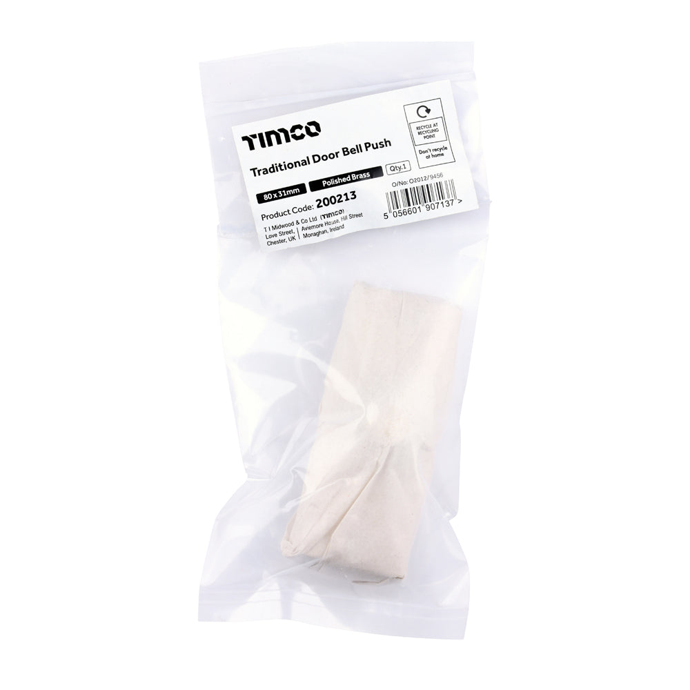 TIMCO Traditional Door Bell Push - Polished Brass - 80 x 31mm - Image