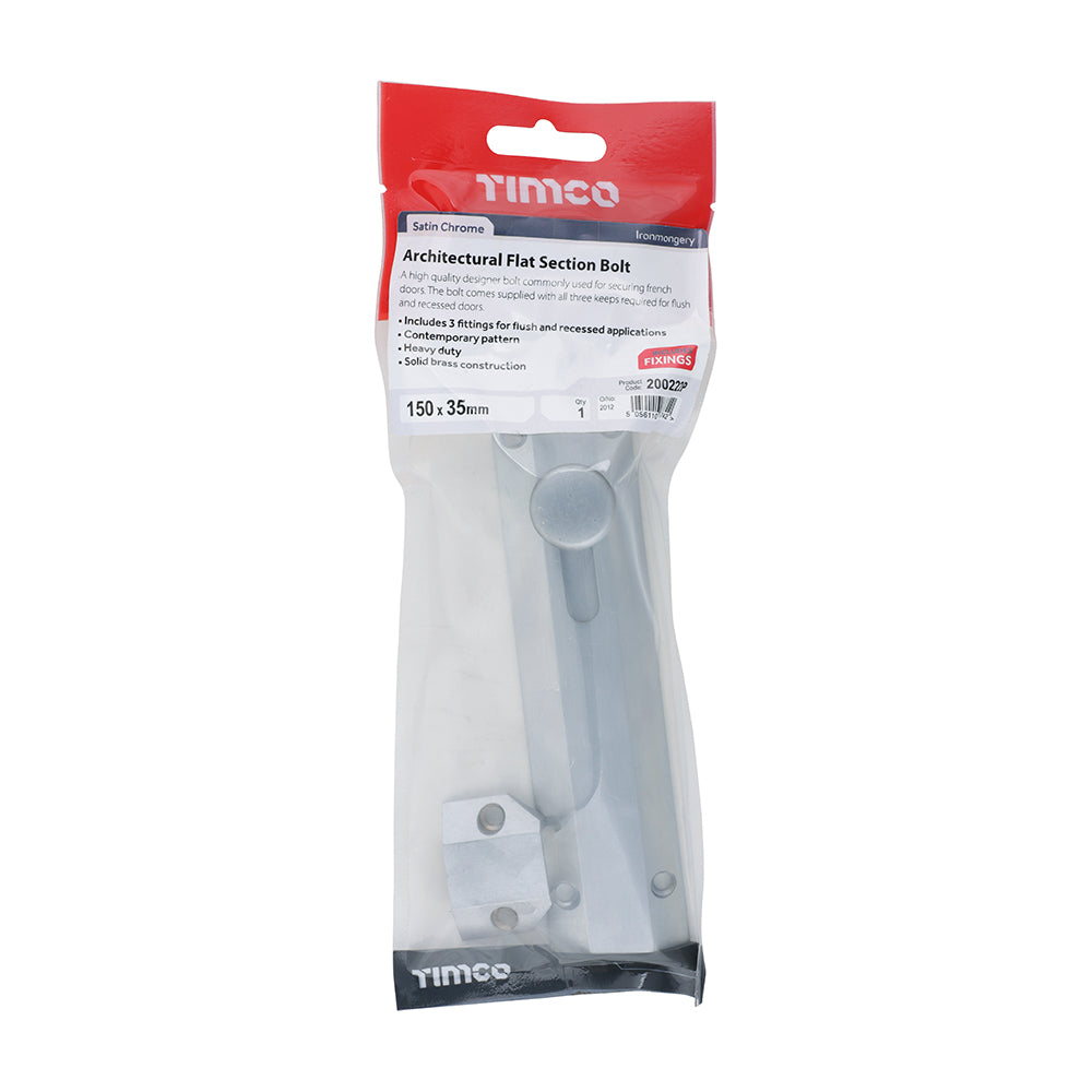 TIMCO Architectural Flat Section Bolt Satin Chrome - 150 x 35mm - Image