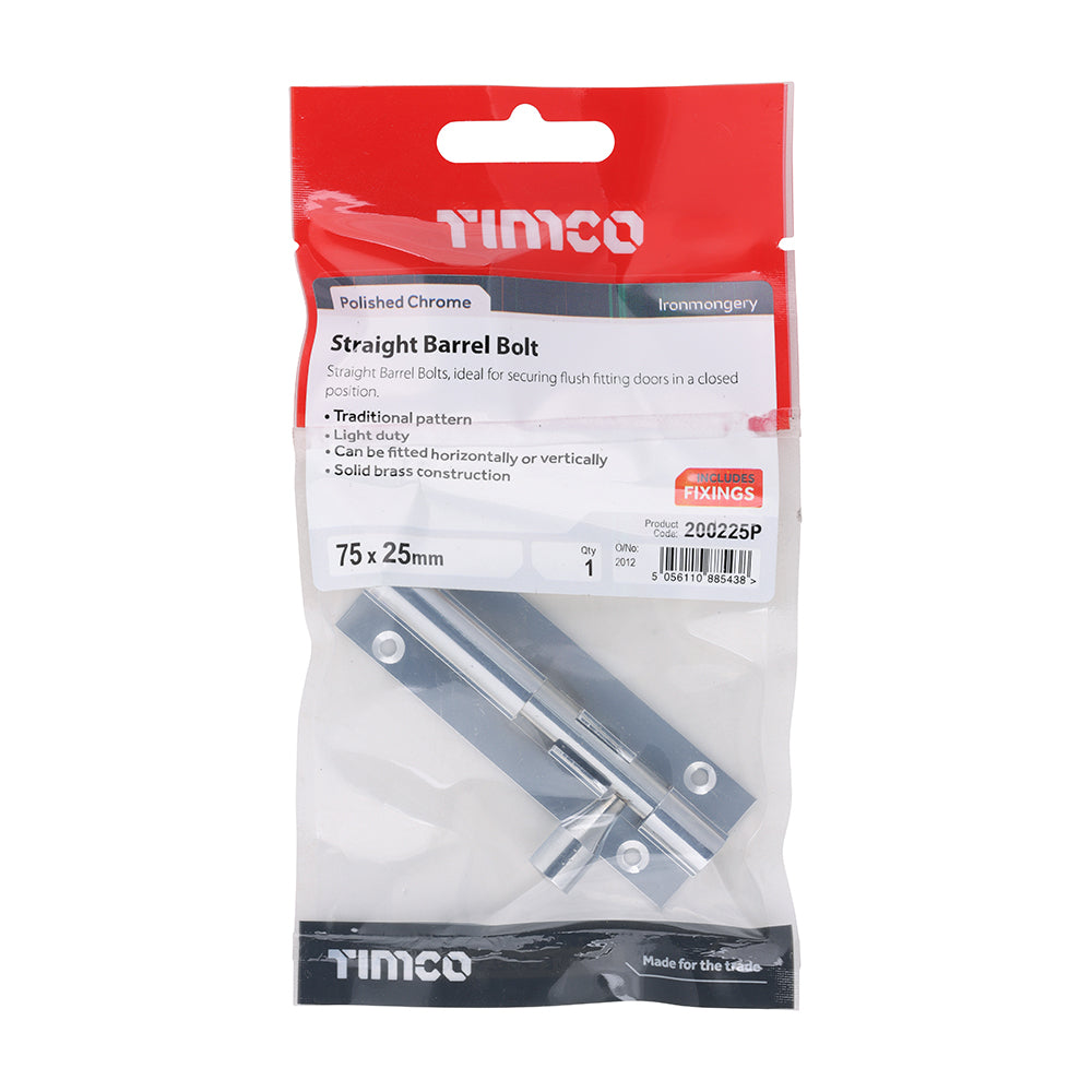 TIMCO Straight Barrel Bolt Polished Chrome - 75 x 25mm - Image