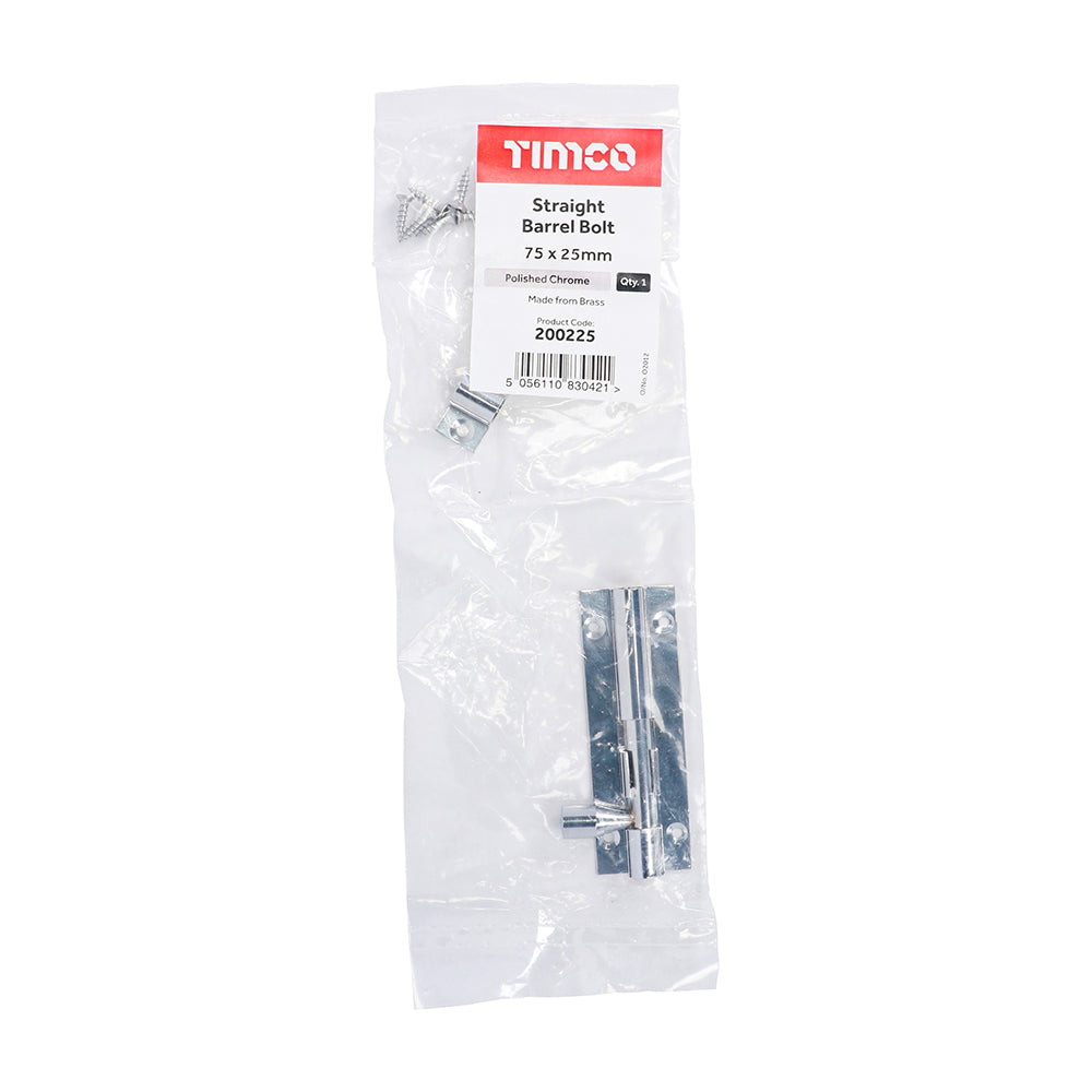 TIMCO Straight Barrel Bolt Polished Chrome - 75 x 25mm - Image