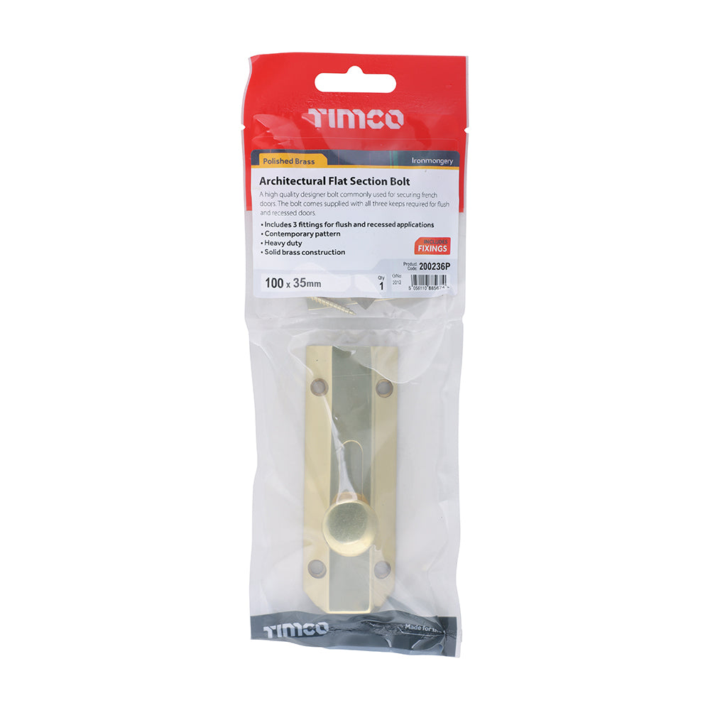 TIMCO Architectural Flat Section Bolt Polished Brass - 100 x 35mm - Image