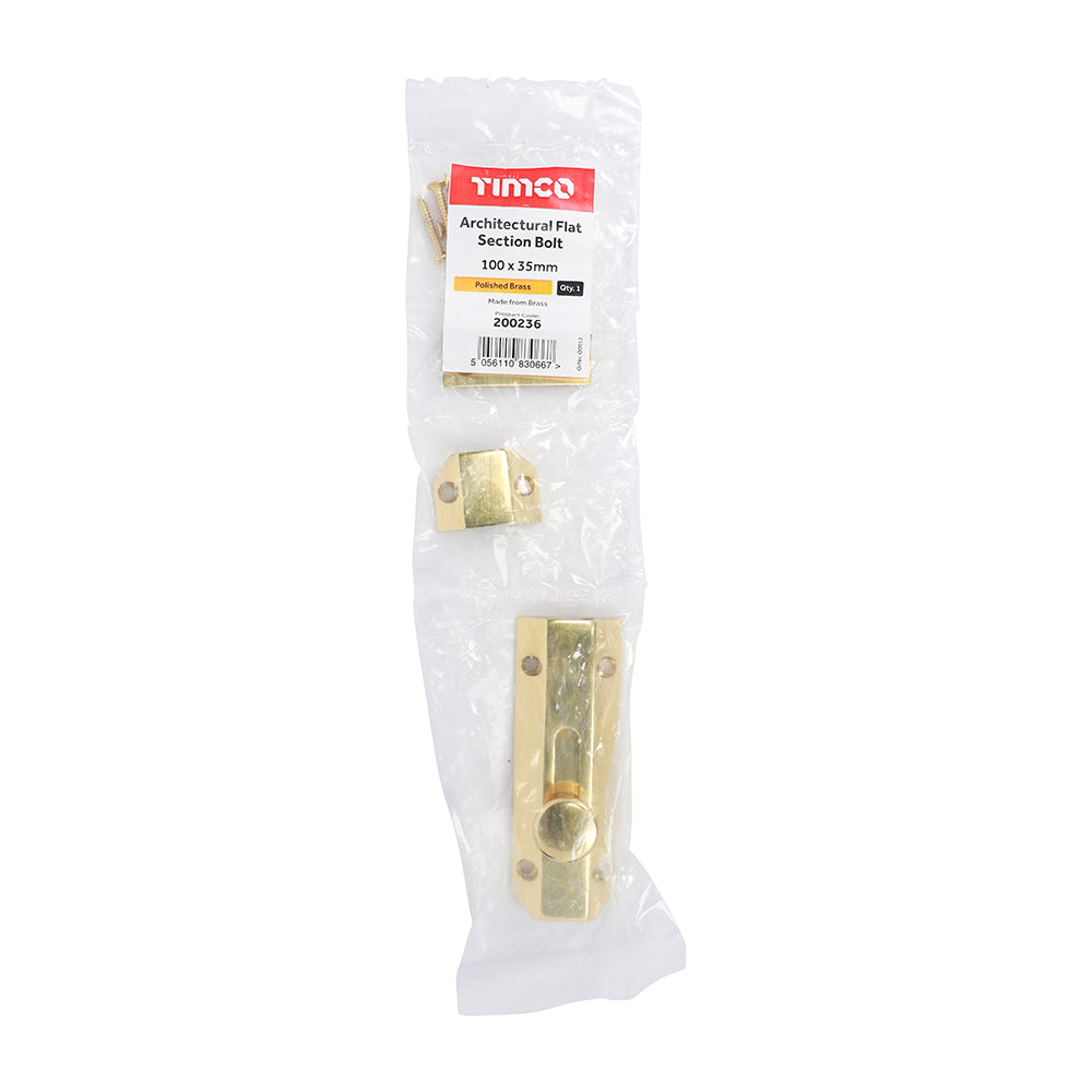 TIMCO Architectural Flat Section Bolt Polished Brass - 100 x 35mm - Image