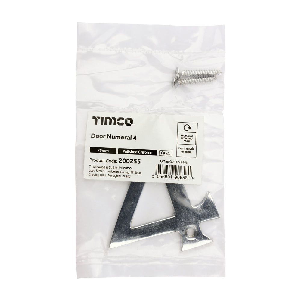 TIMCO Door Numeral 4 - Polished Chrome - 75mm - Image