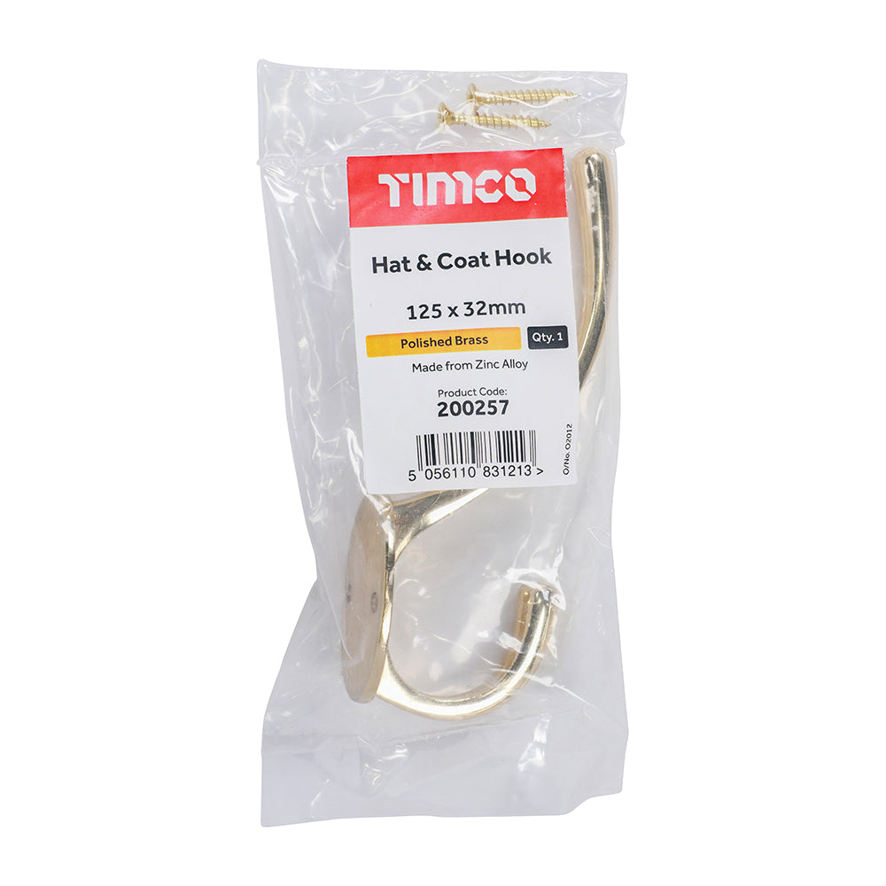 TIMCO Hat & Coat Hook Polished Brass - 125 x 32mm - Image