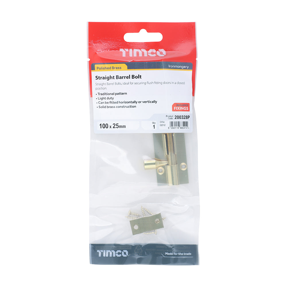 TIMCO Straight Barrel Bolt Polished Brass - 100 x 25mm - Image