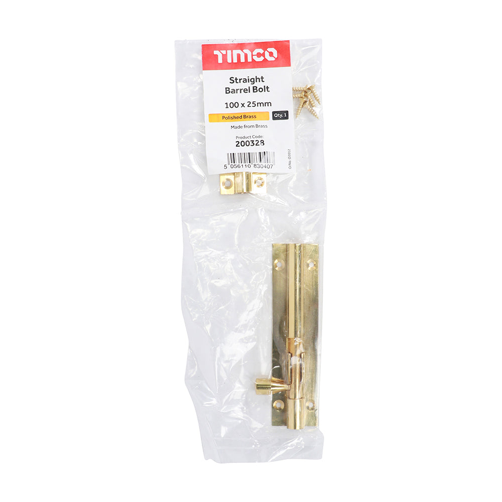 TIMCO Straight Barrel Bolt Polished Brass - 100 x 25mm - Image