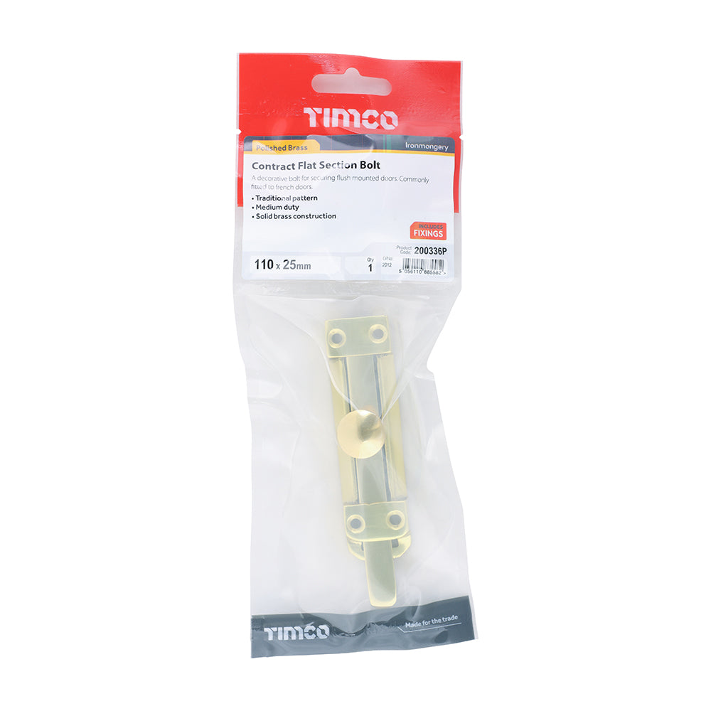 TIMCO Contract Flat Section Bolt Polished Brass - 110 x 25mm - Image