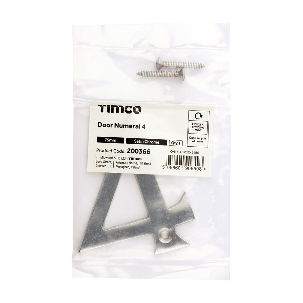 TIMCO Door Numeral 4 - Satin Chrome - 75mm - Image