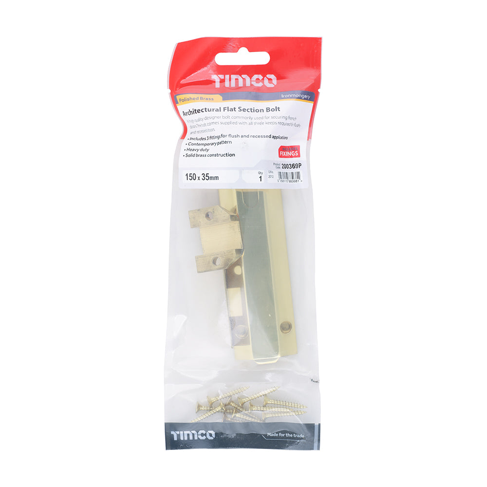 TIMCO Architectural Flat Section Bolt Polished Brass - 150 x 35mm - Image