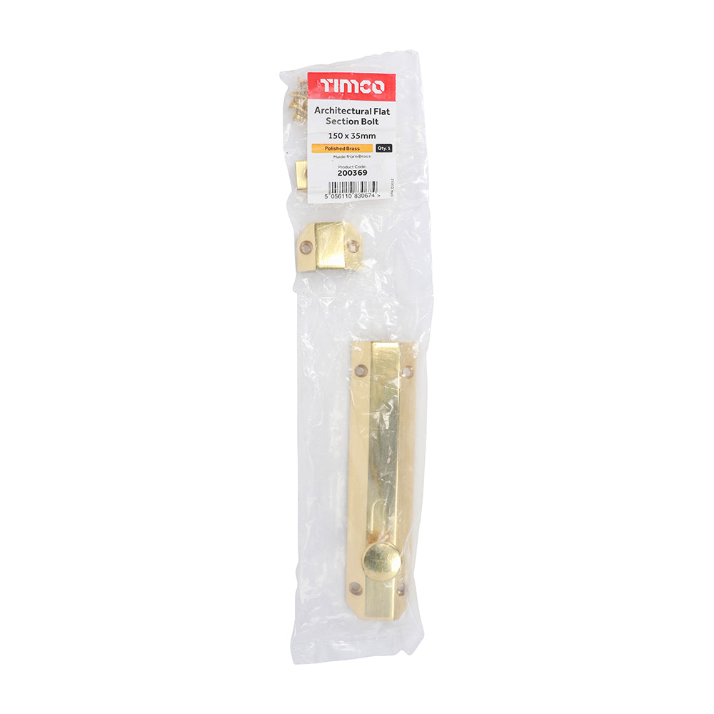 TIMCO Architectural Flat Section Bolt Polished Brass - 150 x 35mm - Image