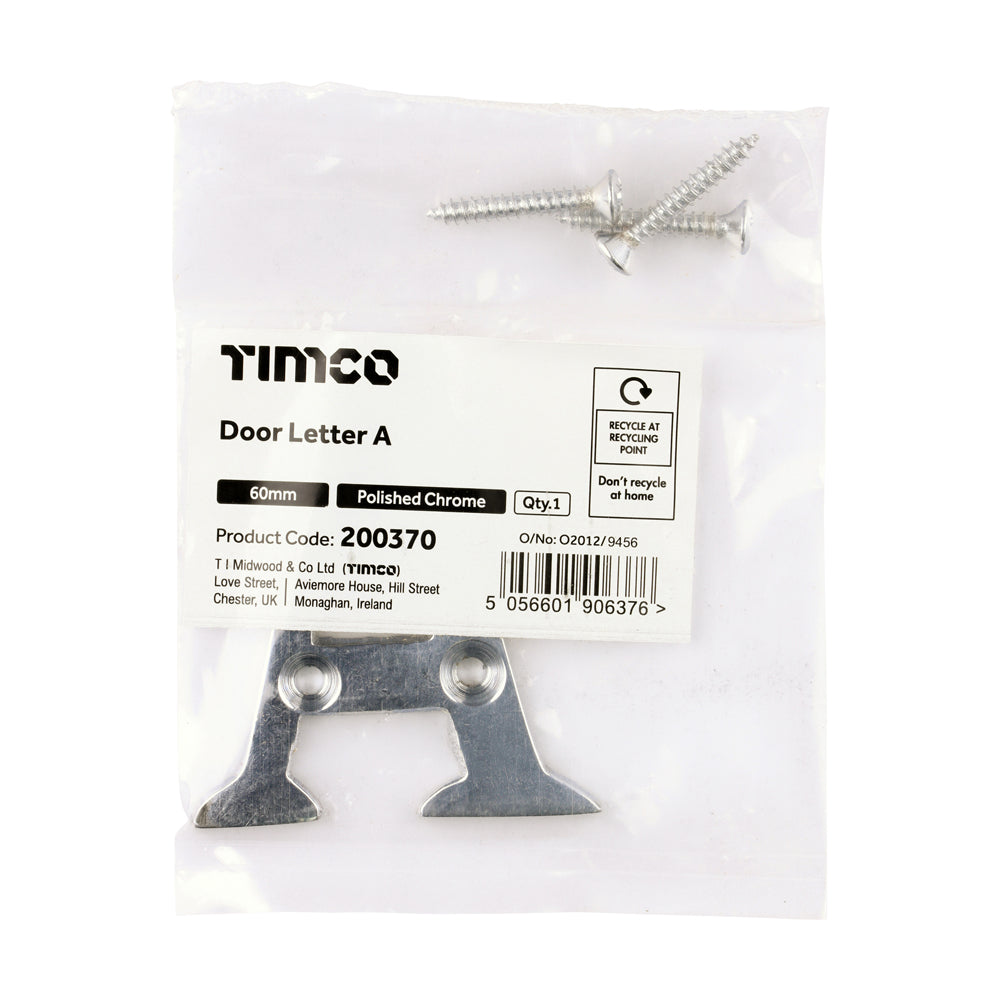 TIMCO Door Letter A - Polished Chrome - 60mm - Image
