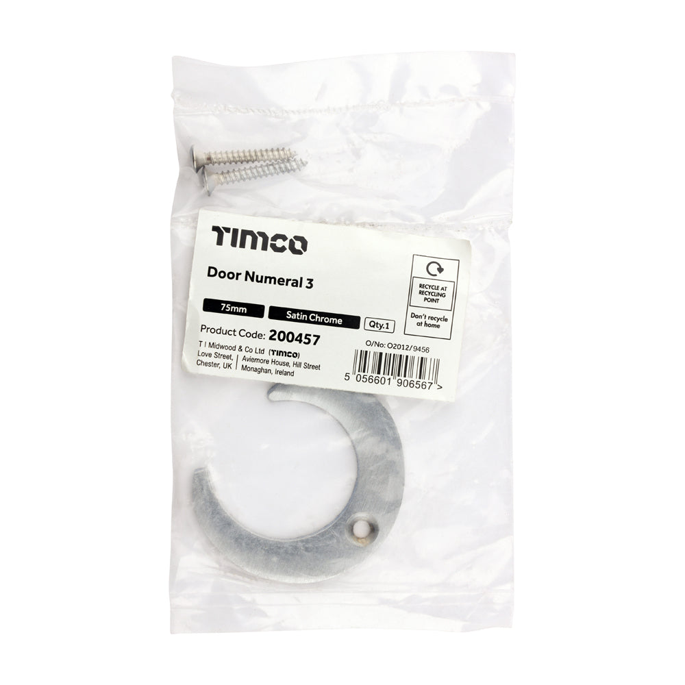 TIMCO Door Numeral 3 - Satin Chrome - 75mm - Image