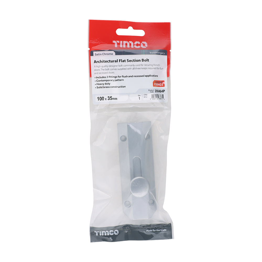 TIMCO Architectural Flat Section Bolt Satin Chrome - 100 x 35mm - Image