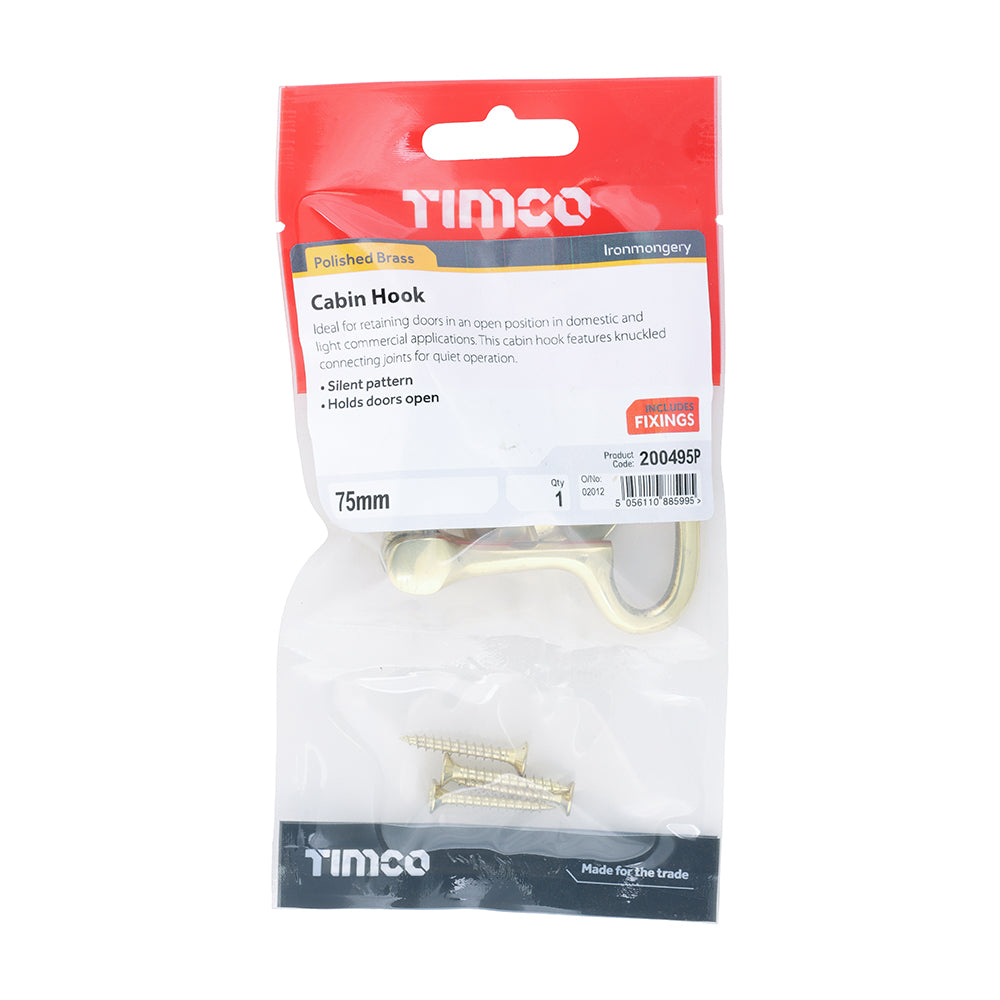 TIMCO Cabin Hook Polished Brass - 75mm - Image
