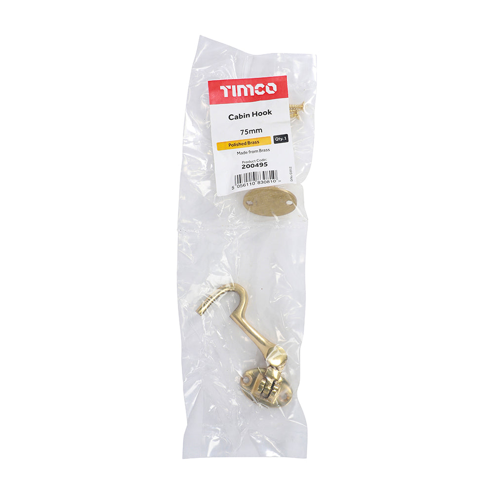 TIMCO Cabin Hook Polished Brass - 75mm - Image