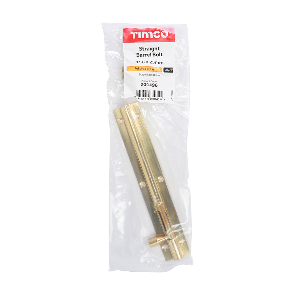TIMCO Straight Barrel Bolt Polished Brass - 150 x 25mm - Image
