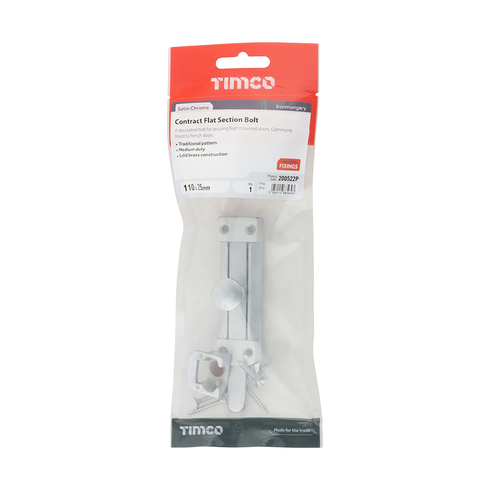 TIMCO Contract Flat Section Bolt Satin Chrome - 110 x 25mm - Image