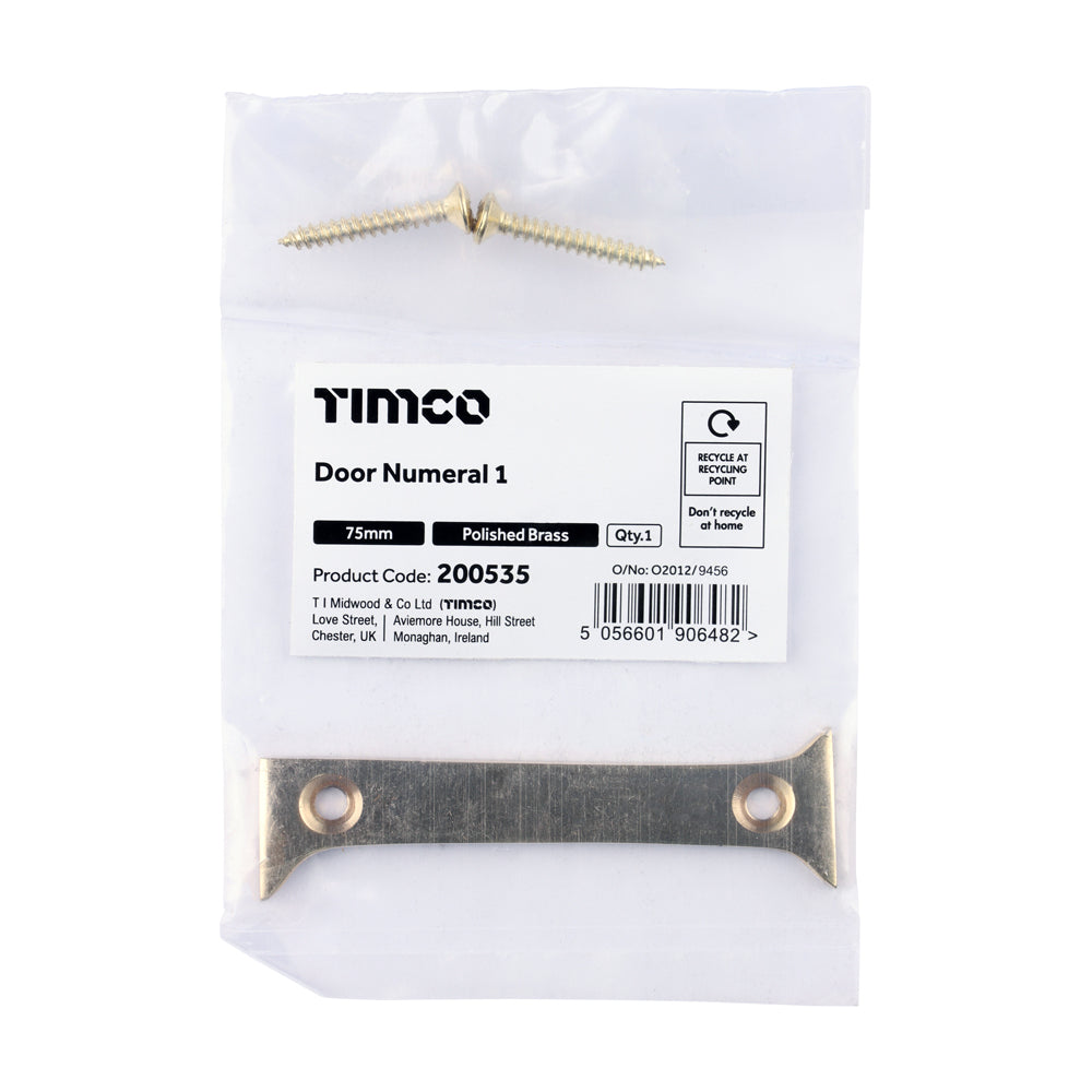 TIMCO Door Numeral 1 - Polished Brass - 75mm - Image