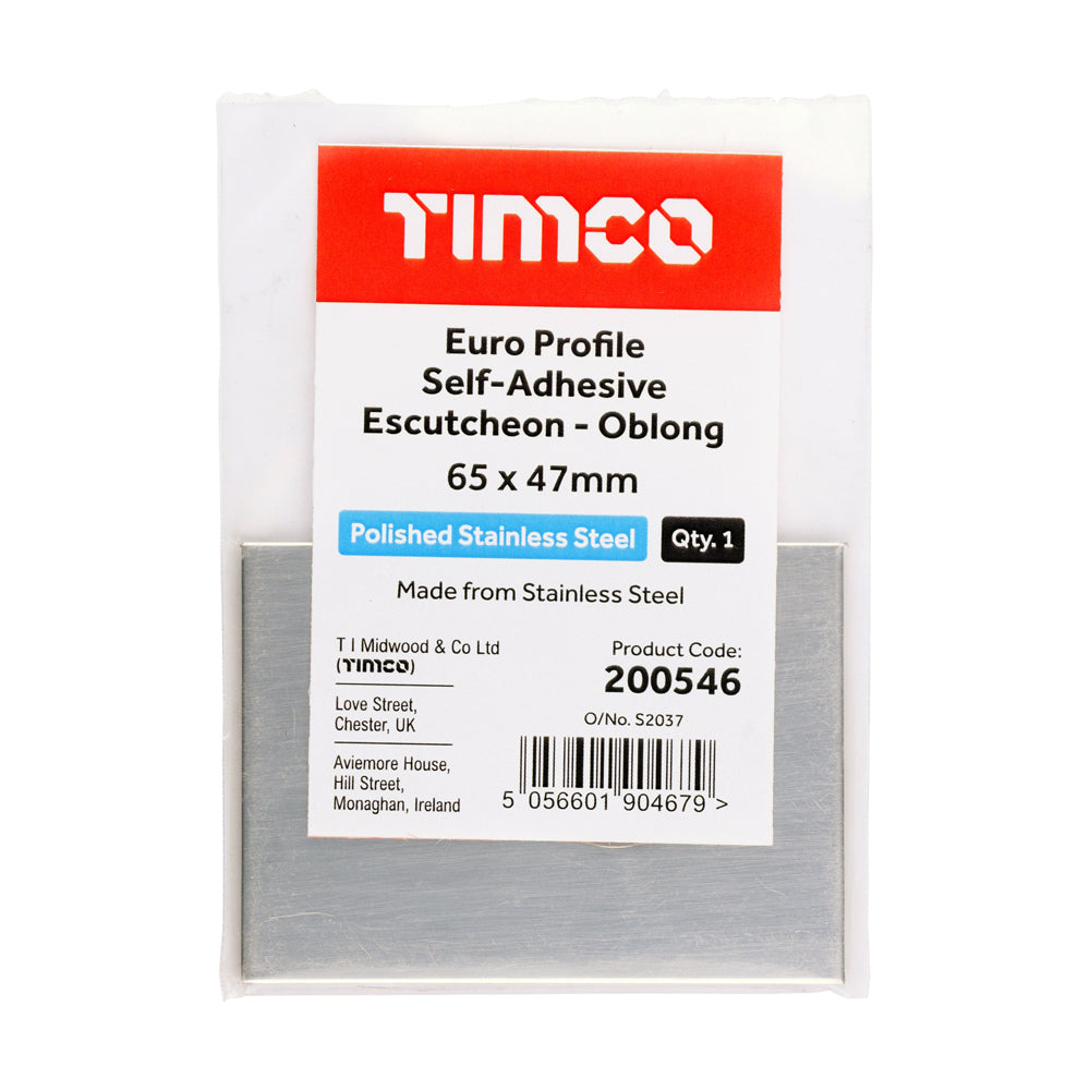 TIMCO Euro Profile Self-Adhesive Escutcheon - Oblong - Polished Stainless Steel - 65 x 47mm - Image