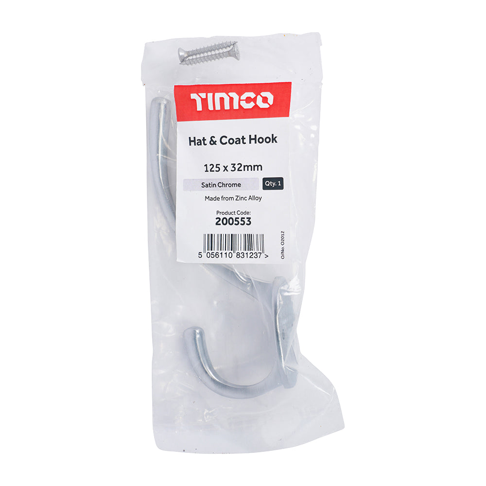 TIMCO Hat & Coat Hook Satin Chrome - 125 x 32mm - Image