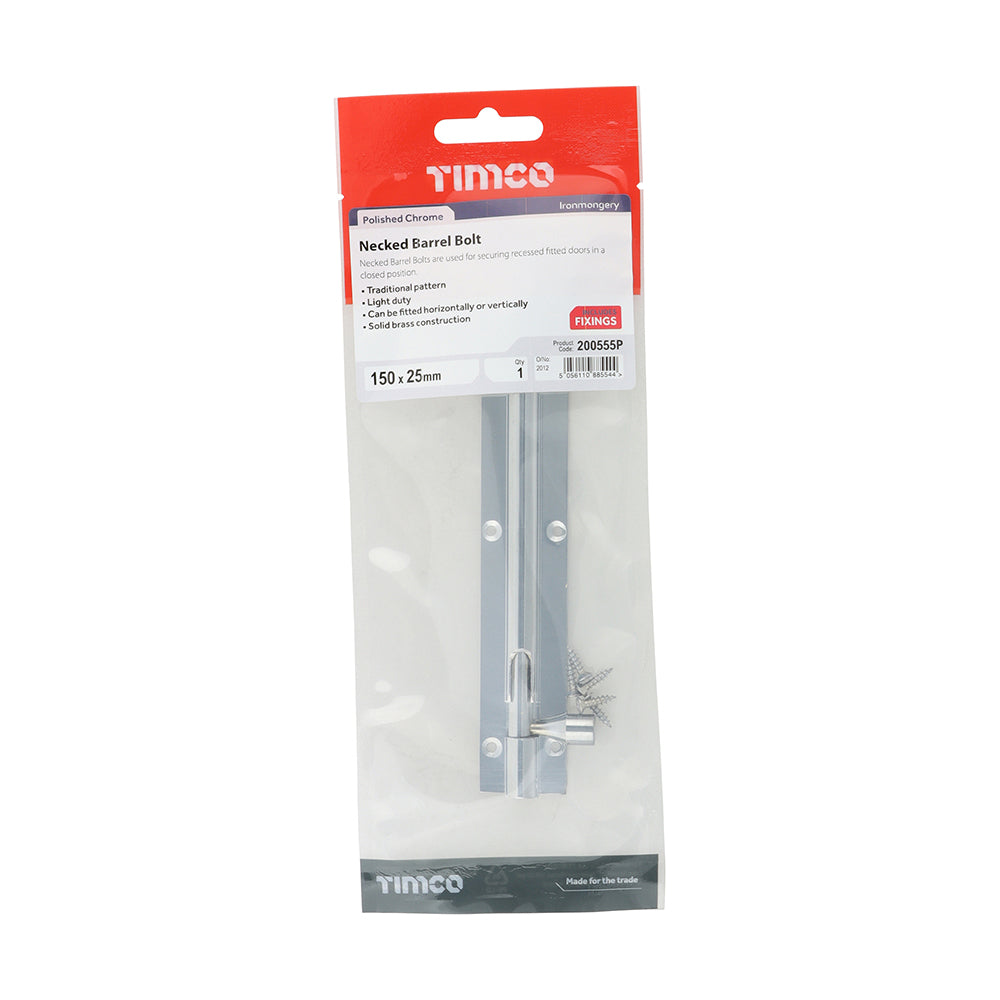 TIMCO Necked Barrel Bolt Polished Chrome - 150 x 25mm - Image