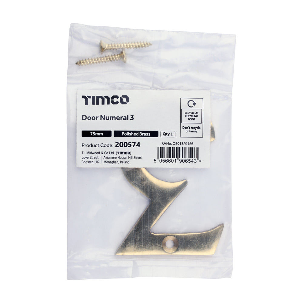 TIMCO Door Numeral 3 - Polished Brass - 75mm - Image