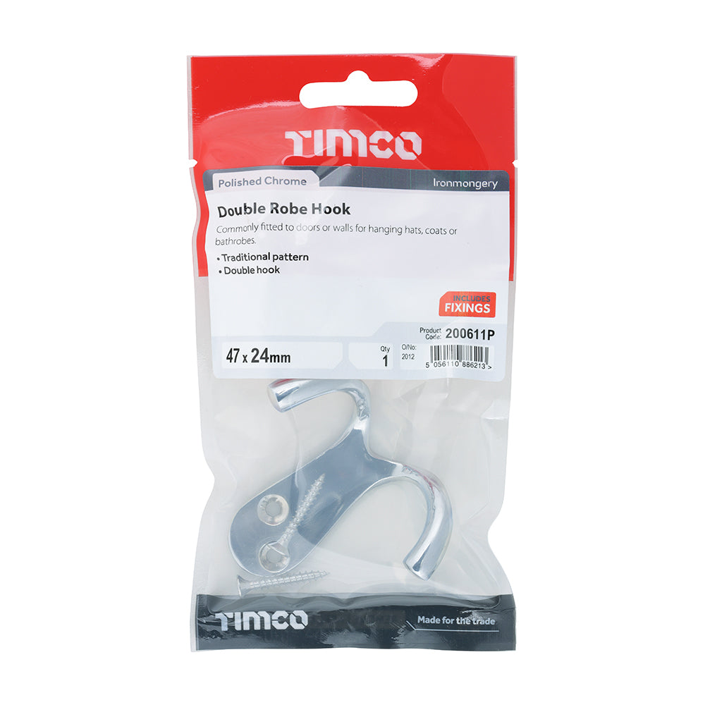 TIMCO Double Robe Hook Polished Chrome - 47 x 24mm - Image