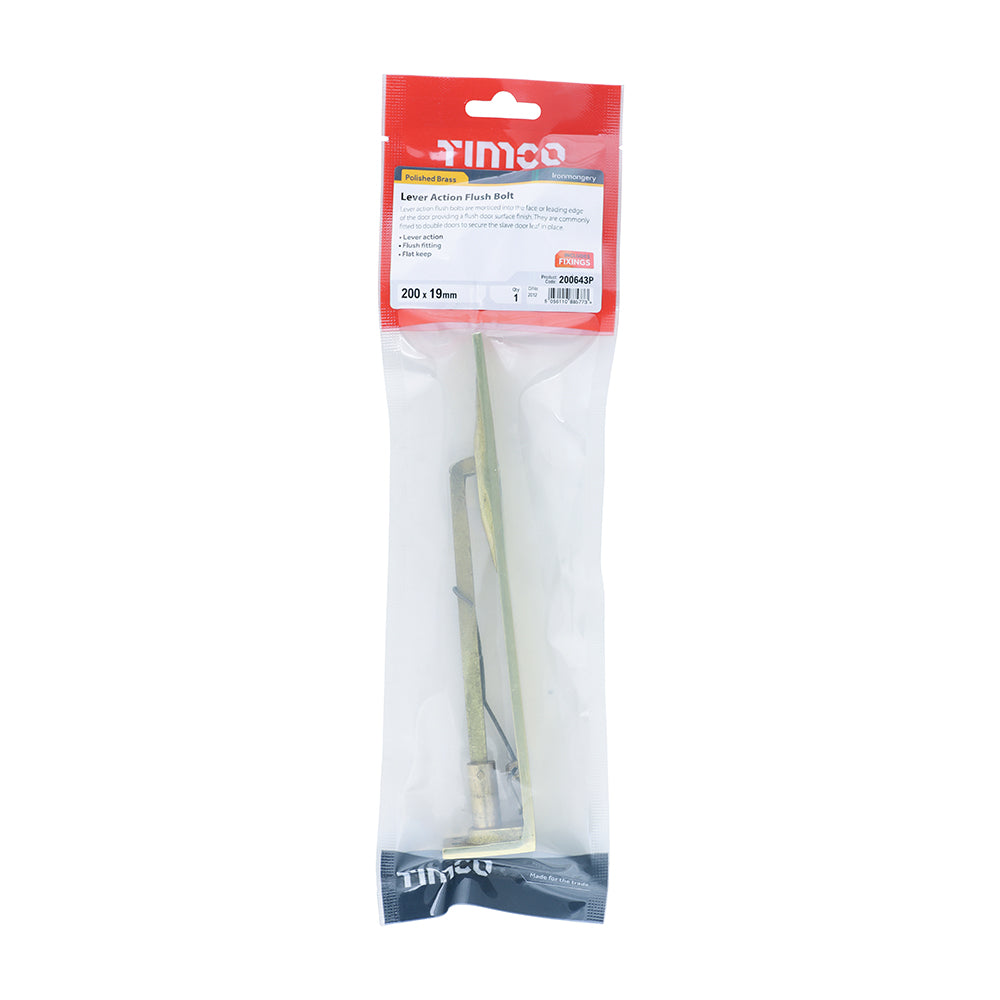 TIMCO Lever action Flush Bolt Polished Brass - 200 x 19mm - Image